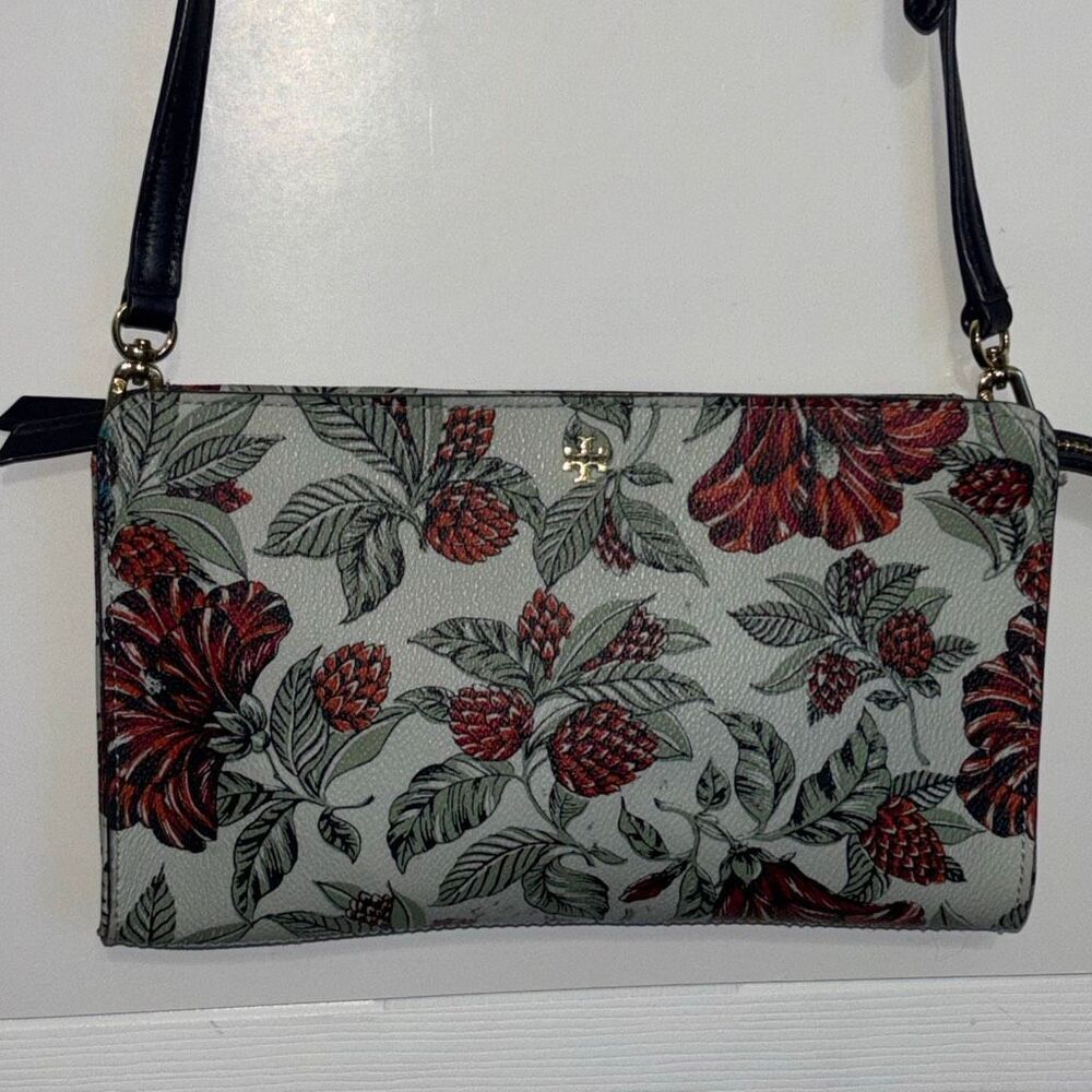 Tory Burch Kerrington navy green red Evergreen floral crossbody purse bag